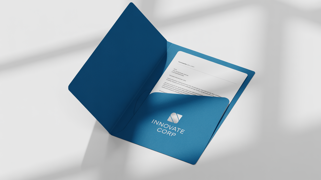 A professional navy blue presentation folder mockup with the words 'Innovate Corp' on the cover, displayed on a clean white background.