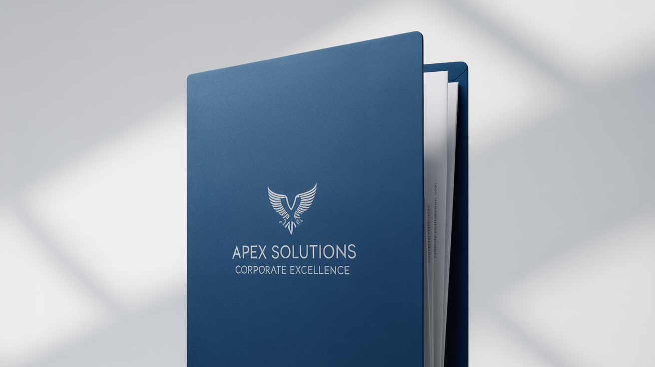 A professional product mockup of a navy blue corporate presentation folder with 'Apex Solutions' and 'Corporate Excellence' printed in silver, set against a plain white background.