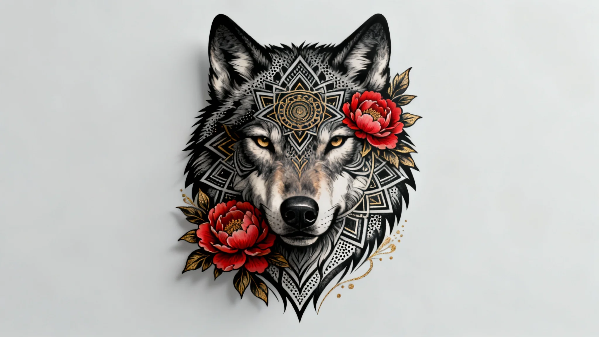 A stunning neotraditional tattoo design featuring a wolf's head, peonies, and geometric mandalas, presented as a finished art piece on a minimalist background.
