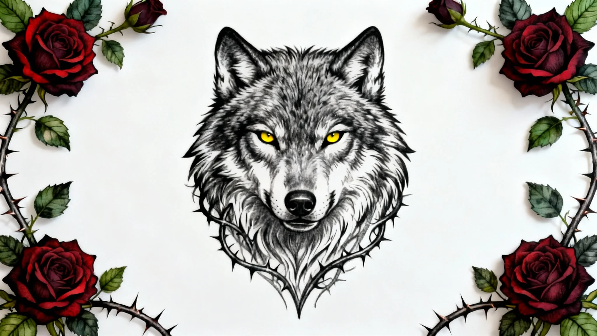 A neo-traditional tattoo design of a wolf's head surrounded by red roses, displayed on a clean white background.