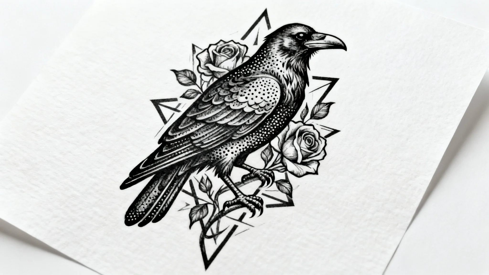 A professional blackwork tattoo design mockup, featuring an intricate illustration of a raven intertwined with roses and geometric patterns, presented on a clean white background.