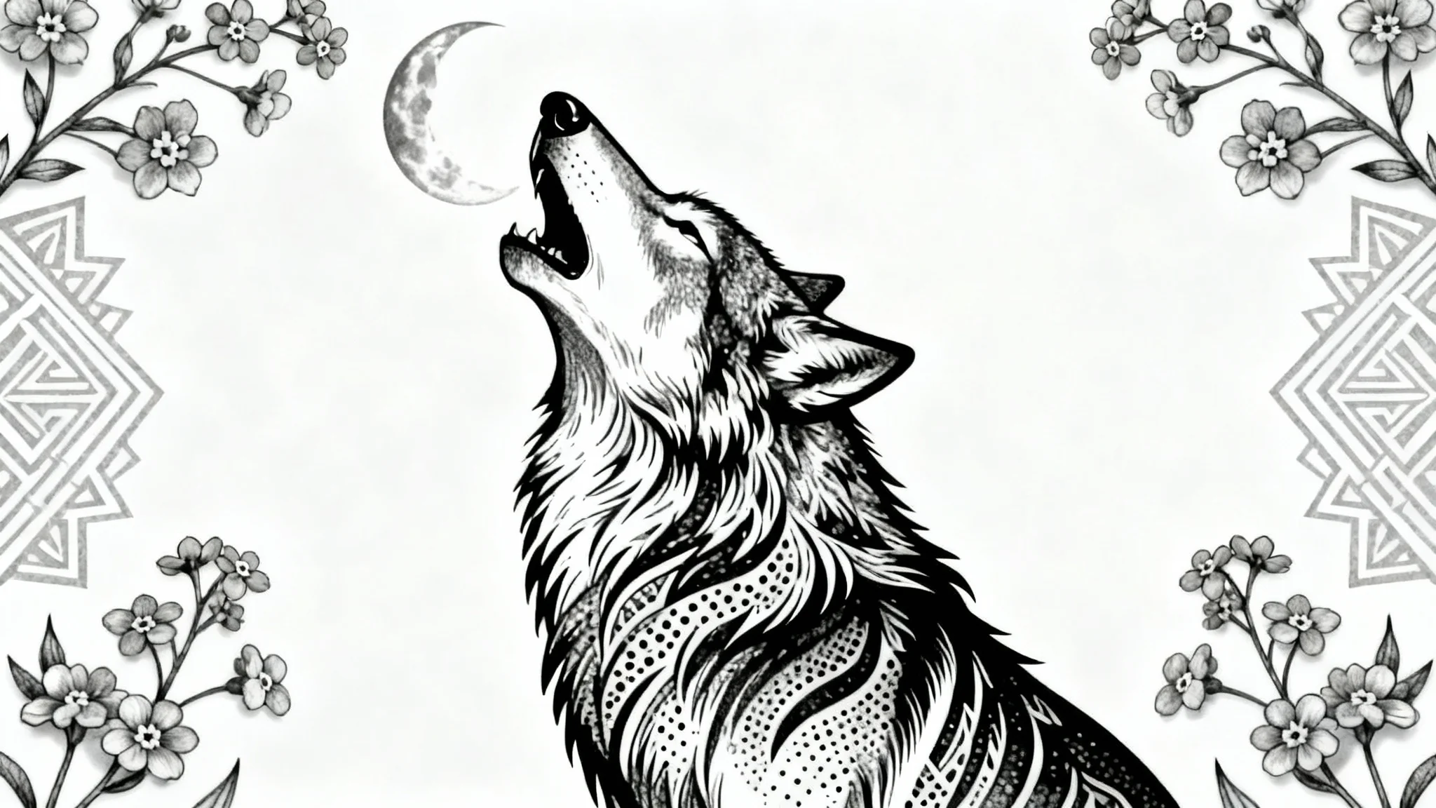 A neotraditional black and grey tattoo design of a howling wolf and a crescent moon, showcased as a professional art piece on a clean white background.