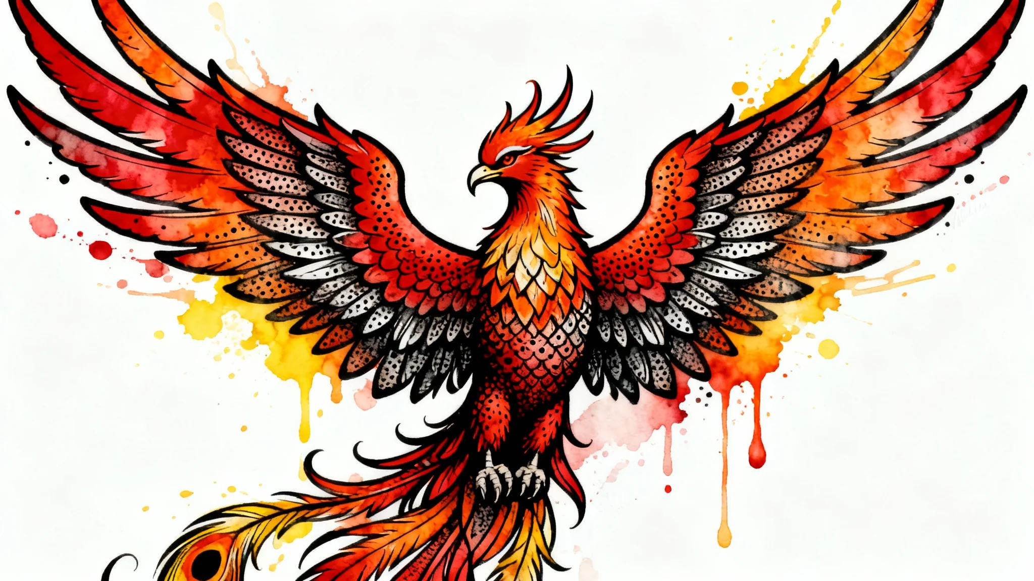 A concept art for a tattoo design showing a majestic phoenix with colorful watercolor wings, presented on a clean white background.
