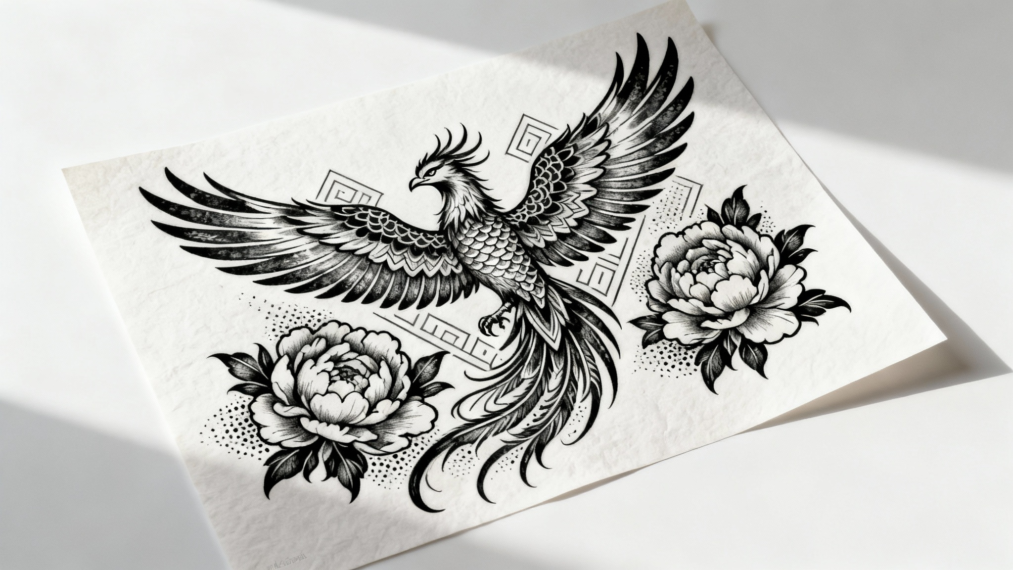 A neotraditional tattoo design of a phoenix with peonies, rendered in black ink on a sheet of art paper, viewed from above against a clean white background.