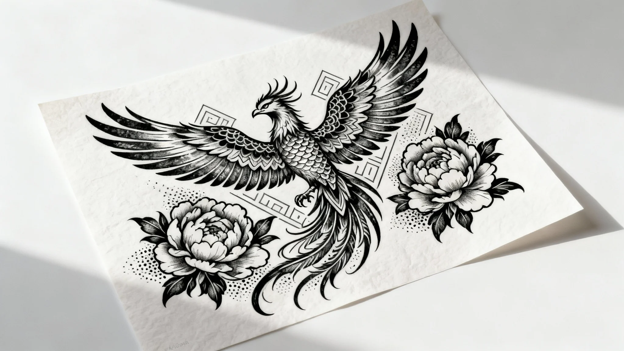 A neotraditional tattoo design of a phoenix with peonies, rendered in black ink on a sheet of art paper, viewed from above against a clean white background.