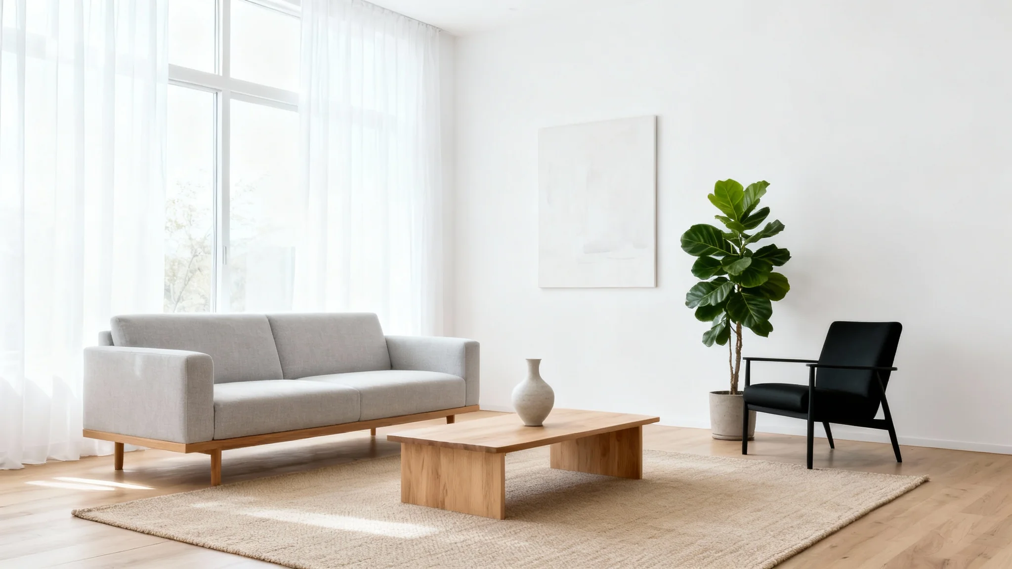 A bright and modern living room after a redesign, featuring a minimalist sofa, wooden coffee table, and large windows with natural light.