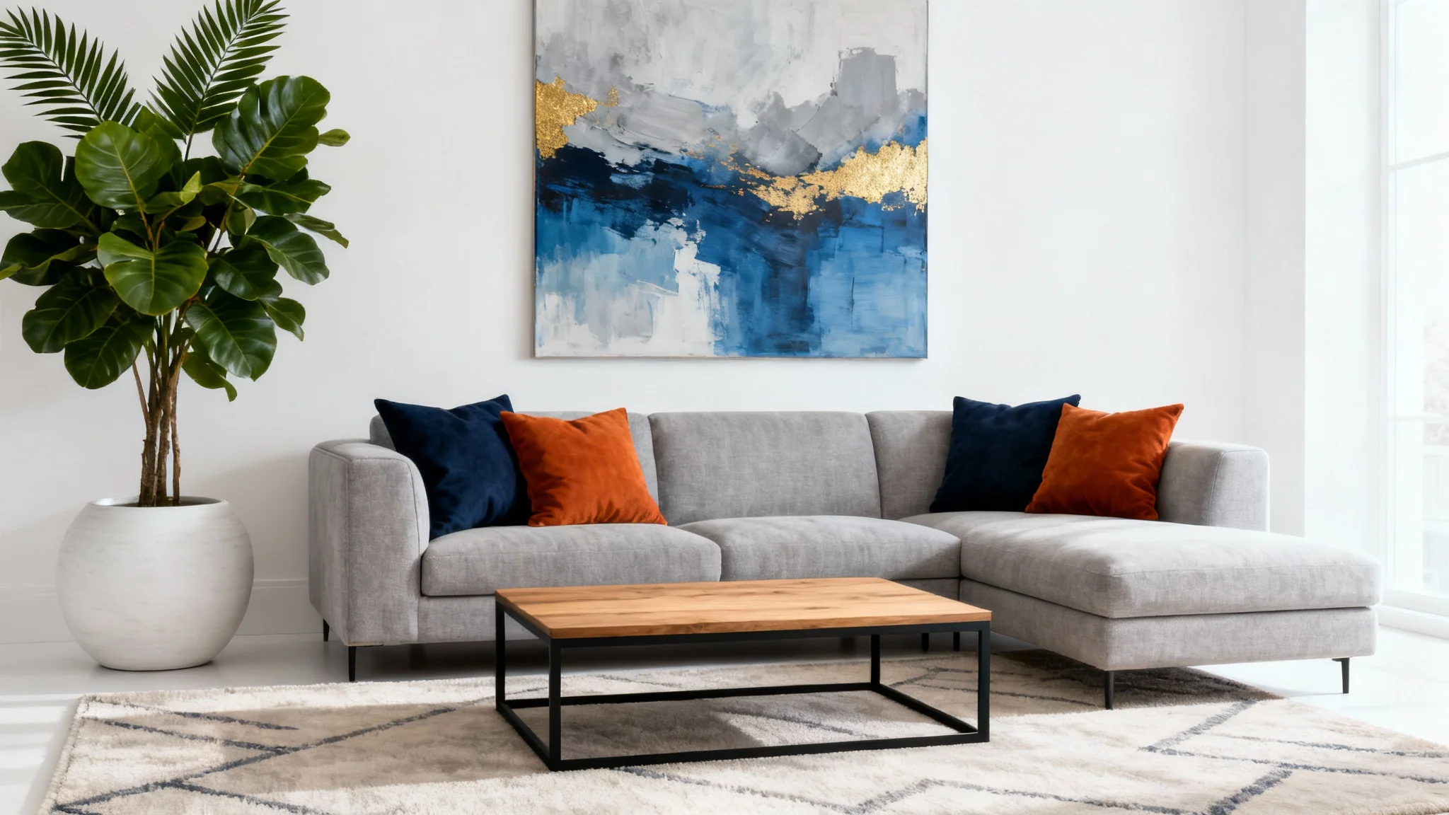A photorealistic mockup of a redesigned modern living room with a grey sofa, colorful pillows, and abstract art, isolated against a white background.