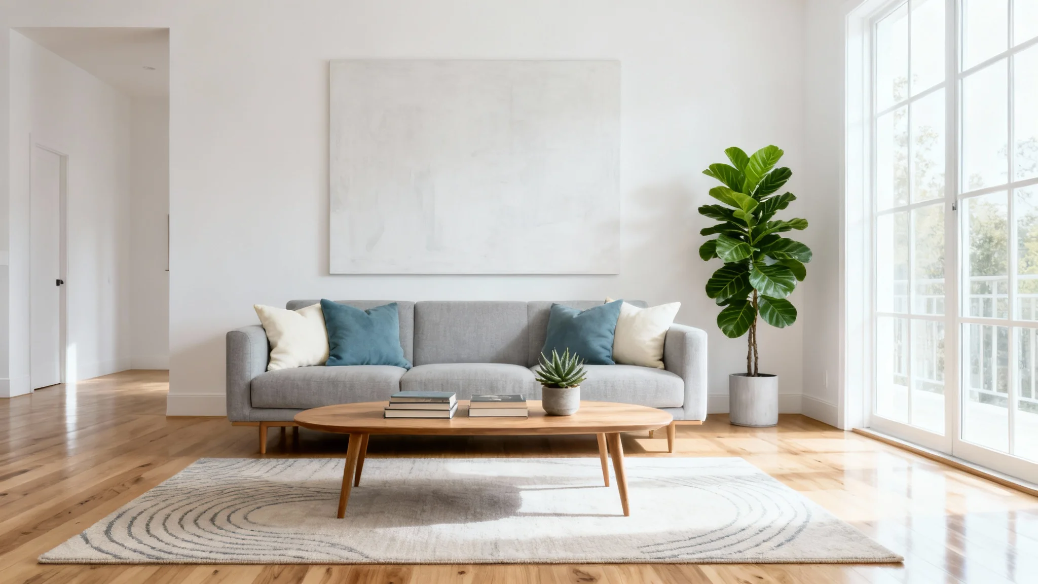 A beautifully redesigned modern living room with a light gray sofa, wooden coffee table, and large windows that fill the space with natural light.