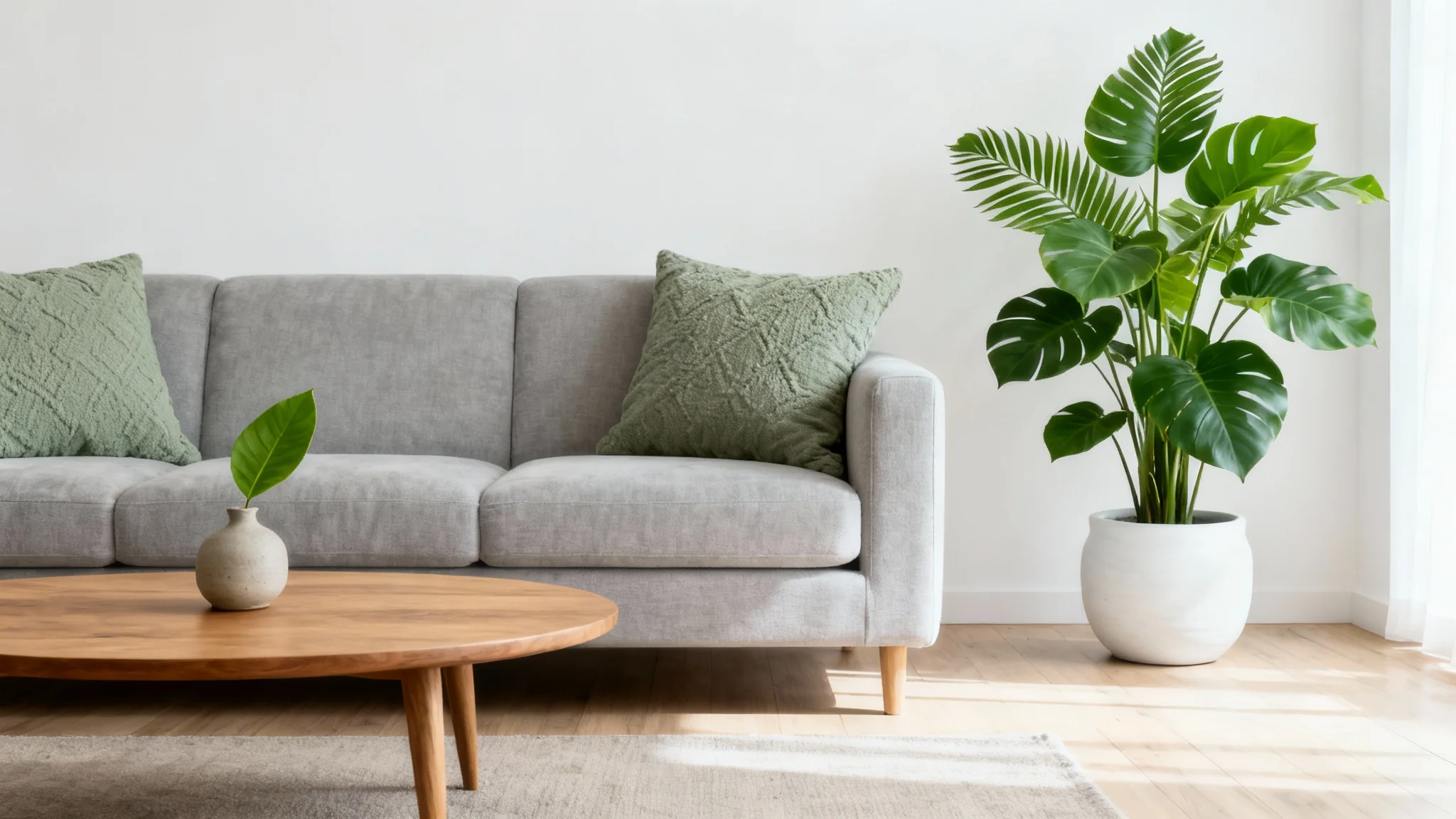A photorealistic mockup of a modern, redesigned living room featuring a light-grey sofa, a wooden coffee table, and a large green plant against a clean white wall.