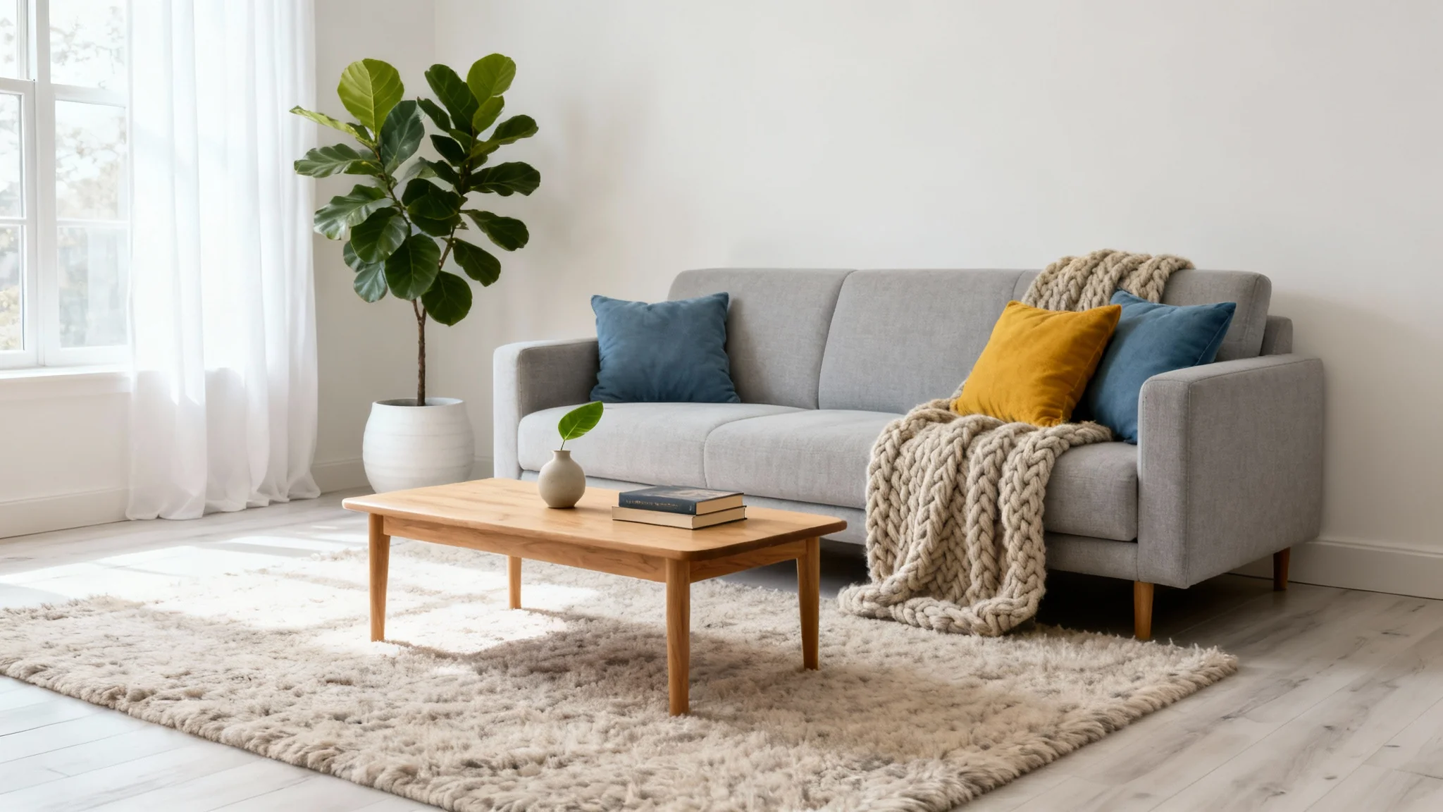A photorealistic image of a beautifully redesigned, modern Scandinavian living room that is bright, airy, and features a gray sofa, light wood furniture, and green plants.