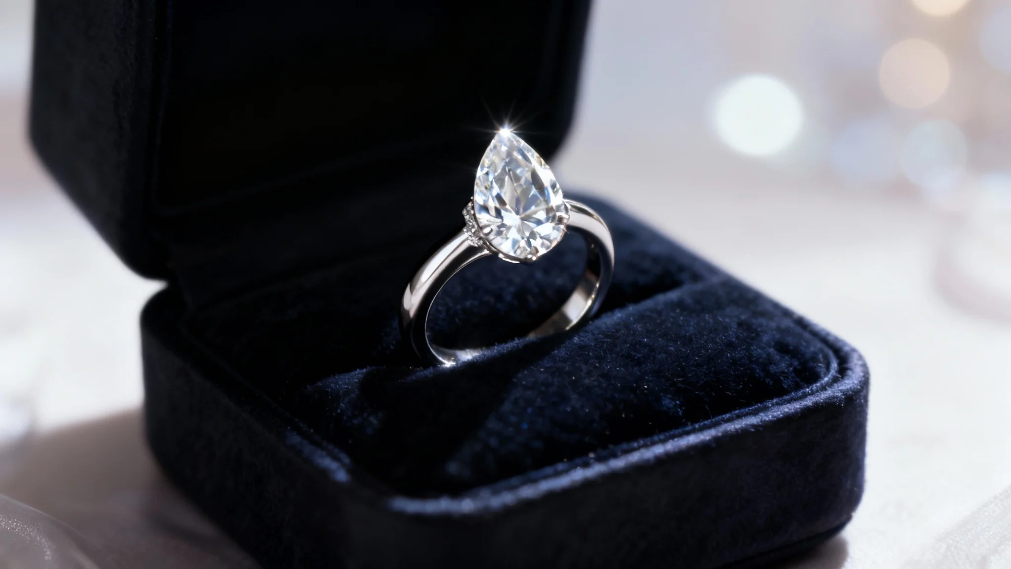An ultra-realistic hero image showing the final result: a beautiful platinum engagement ring with a large pear-shaped diamond, presented in a luxurious velvet box under studio lighting.