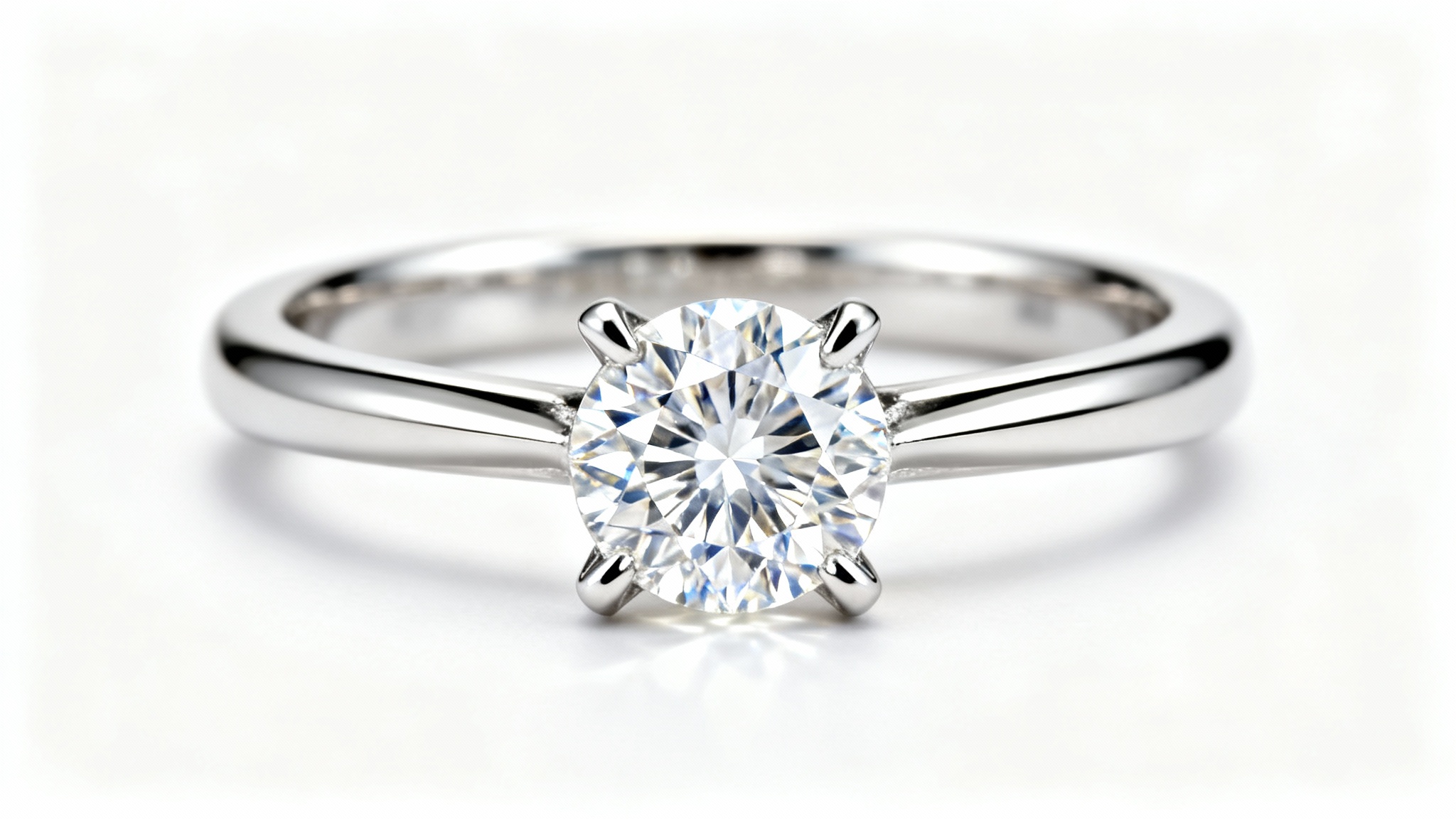 A hyper-realistic studio photograph of a platinum solitaire engagement ring with a large, sparkling brilliant-cut diamond, set against a clean white background.