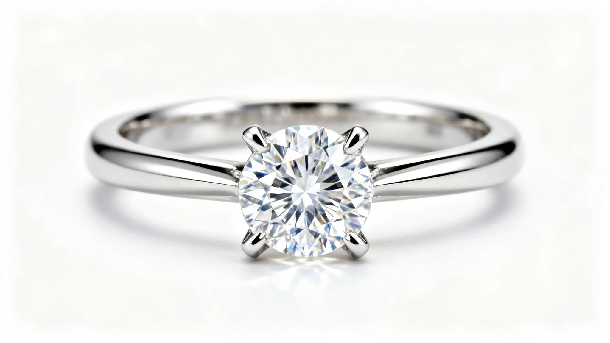 A hyper-realistic studio photograph of a platinum solitaire engagement ring with a large, sparkling brilliant-cut diamond, set against a clean white background.