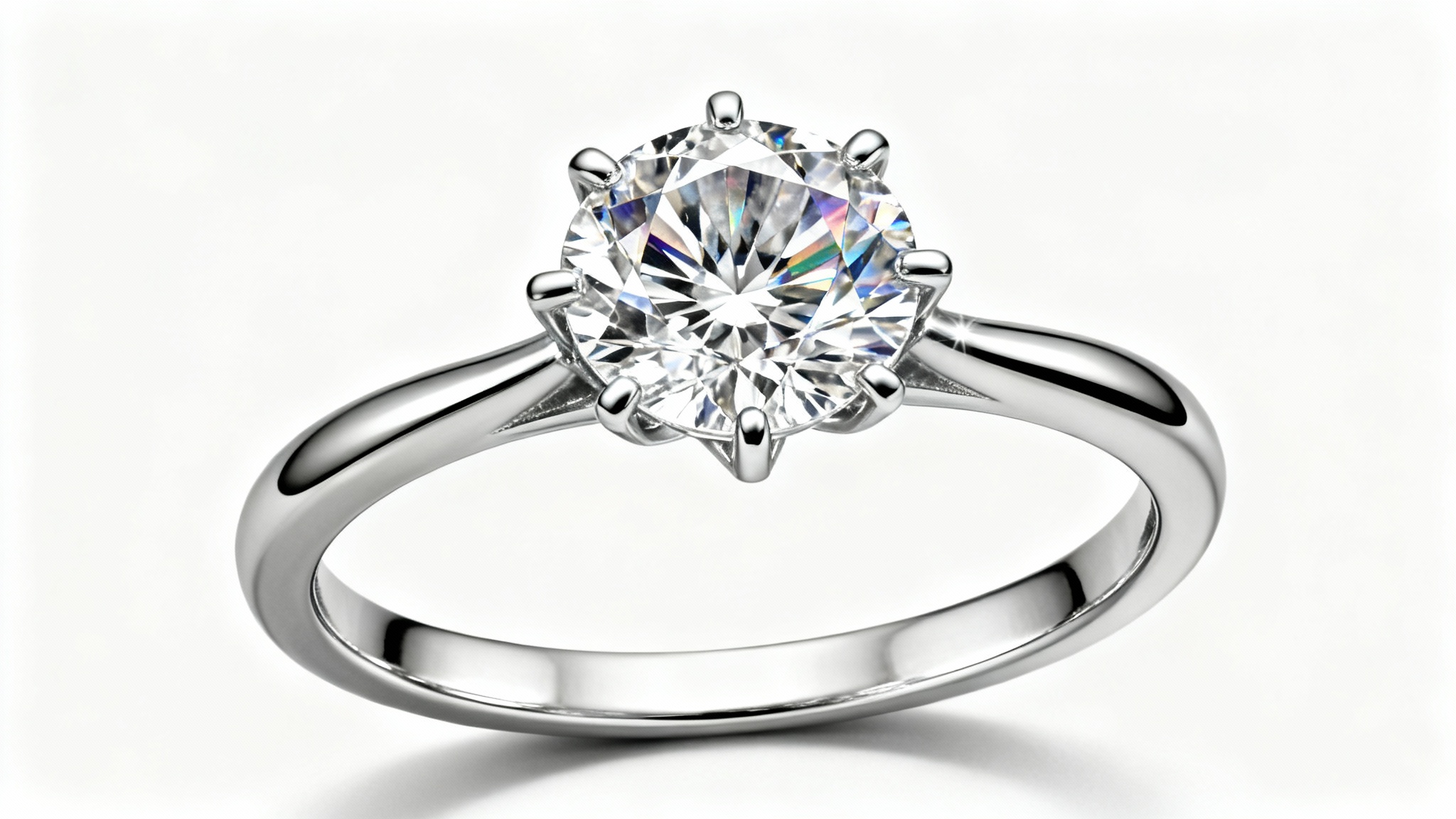 A close-up, photorealistic image of a classic diamond solitaire engagement ring with a platinum band, set against a clean white background.
