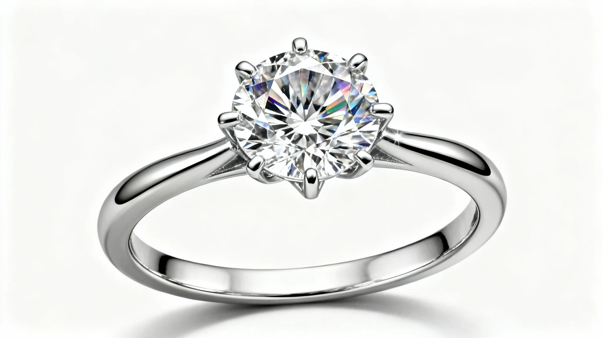 A close-up, photorealistic image of a classic diamond solitaire engagement ring with a platinum band, set against a clean white background.