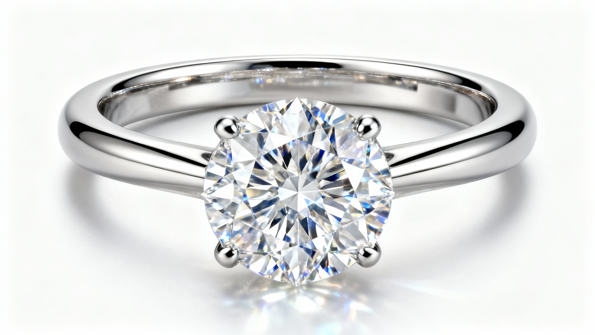 A stunning, hyper-realistic macro shot of a platinum solitaire engagement ring featuring a large, brilliant-cut diamond sparkling against a clean white background.