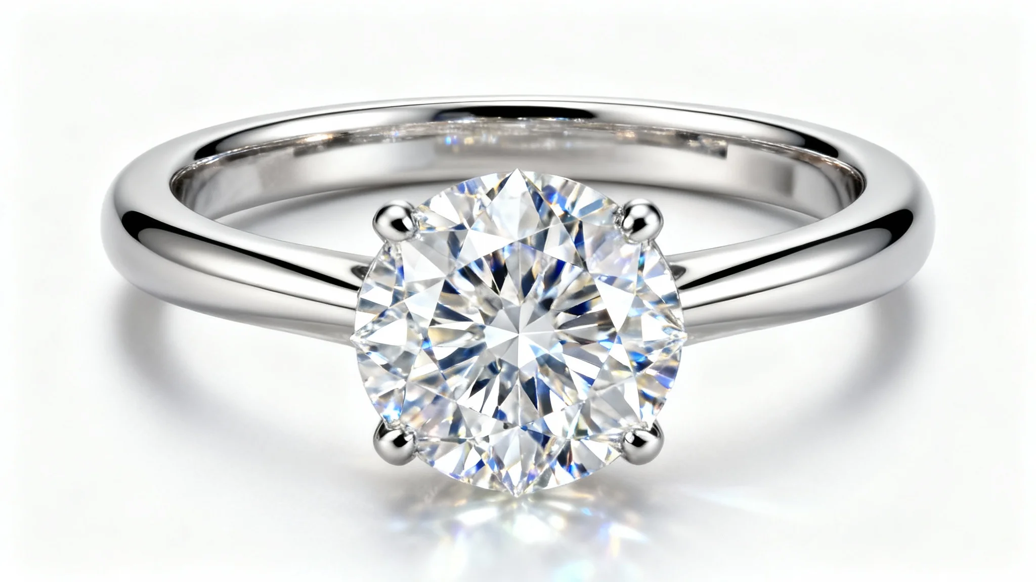 A stunning, hyper-realistic macro shot of a platinum solitaire engagement ring featuring a large, brilliant-cut diamond sparkling against a clean white background.