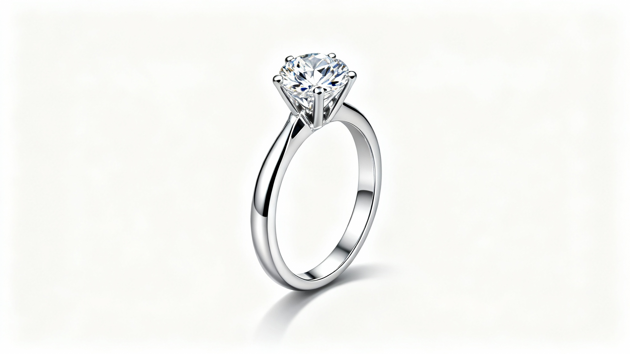 A photorealistic macro shot of a classic solitaire diamond engagement ring with a round brilliant-cut diamond and a platinum band, isolated on a clean white background.