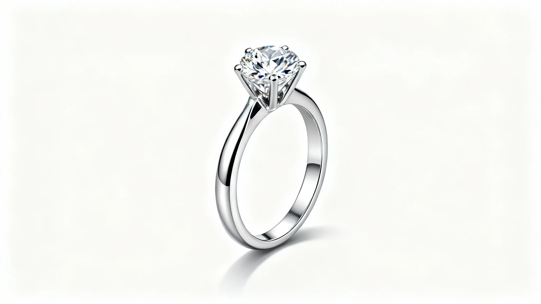 A photorealistic macro shot of a classic solitaire diamond engagement ring with a round brilliant-cut diamond and a platinum band, isolated on a clean white background.