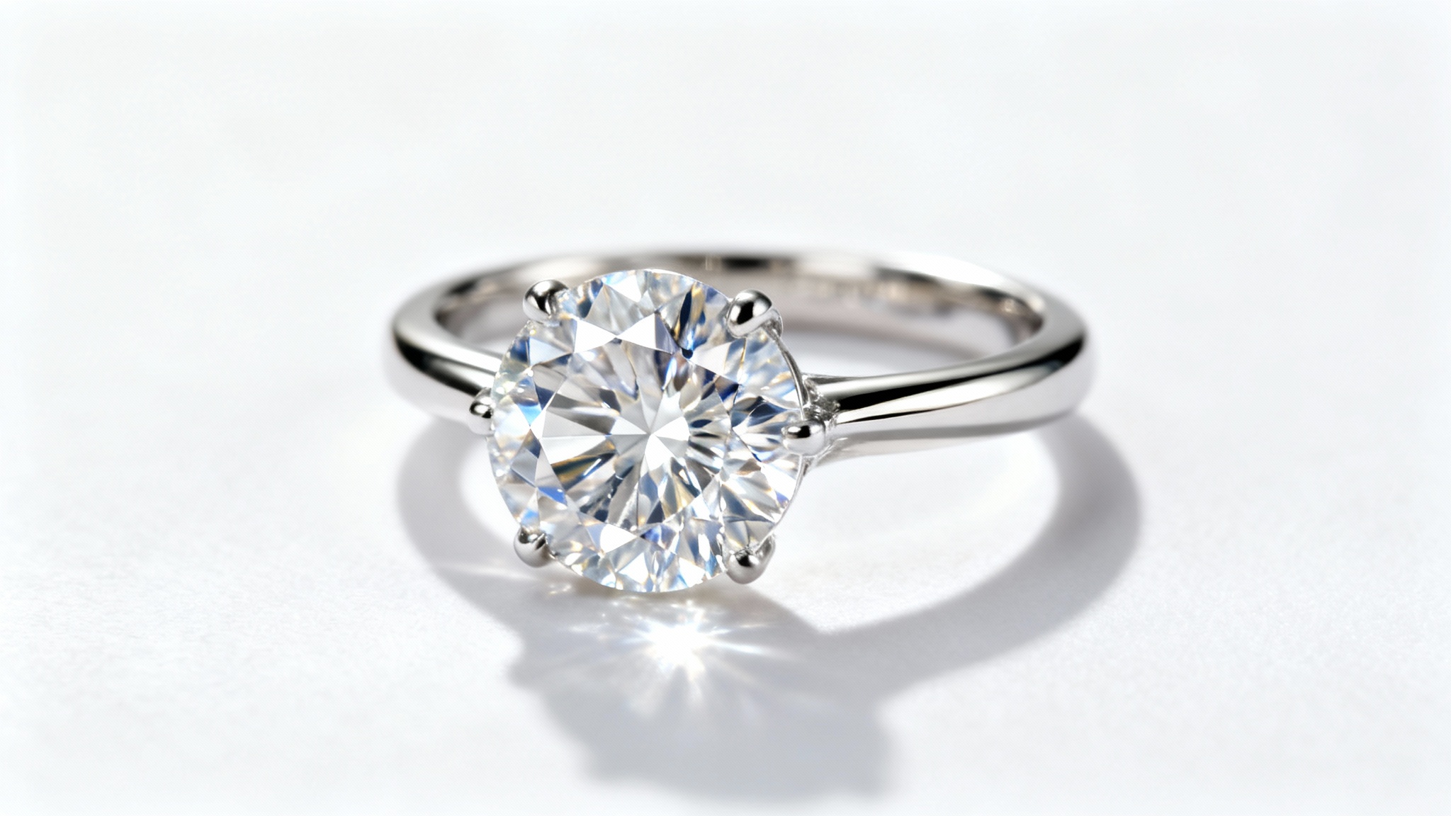 A photorealistic close-up of a classic solitaire diamond engagement ring with a platinum band, showcased against a clean white background.