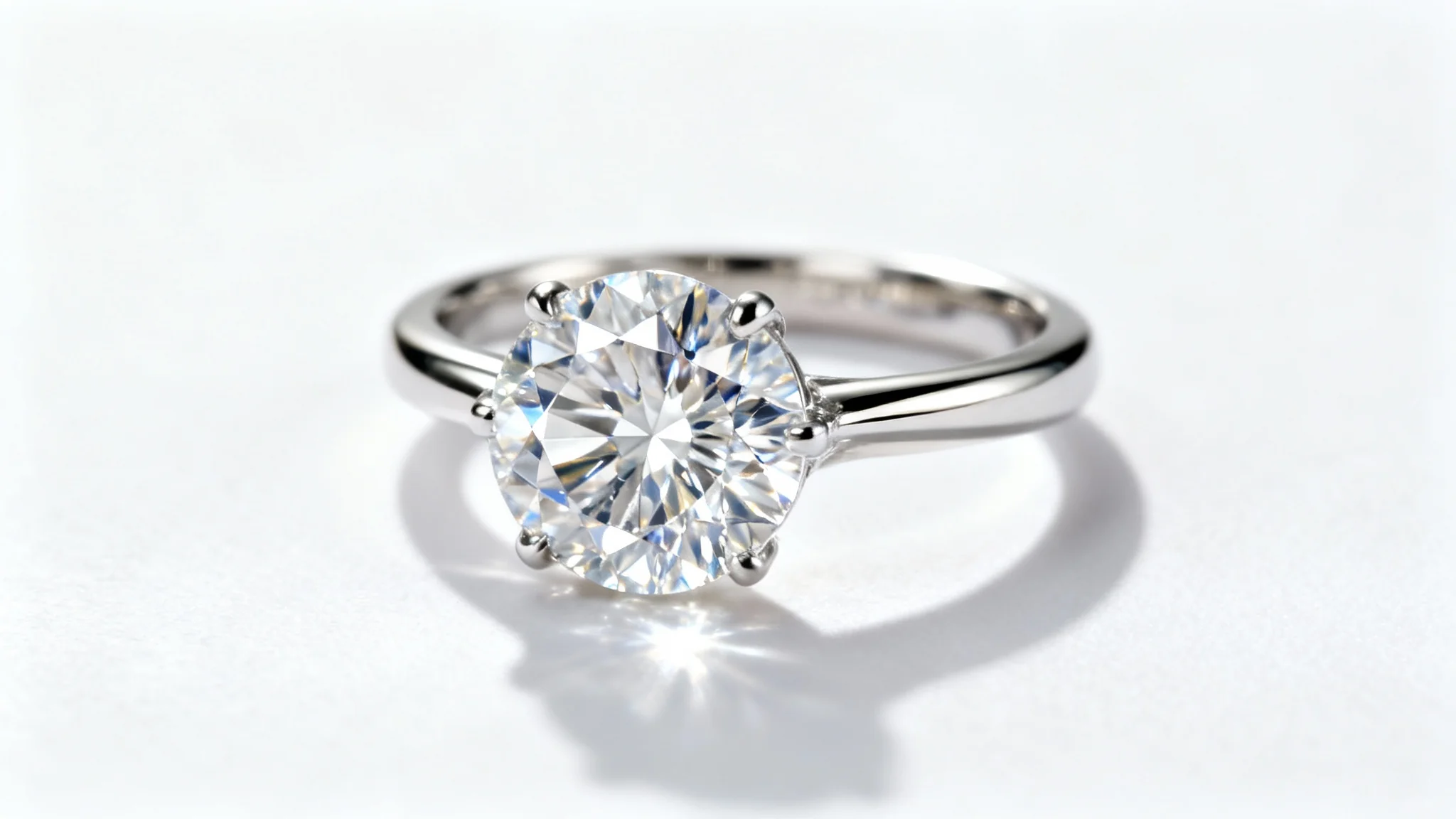 A photorealistic close-up of a classic solitaire diamond engagement ring with a platinum band, showcased against a clean white background.