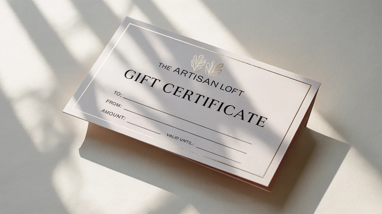 A professional mockup of a modern and elegant gift certificate for 'The Artisan Loft' business, displayed on a clean white background.