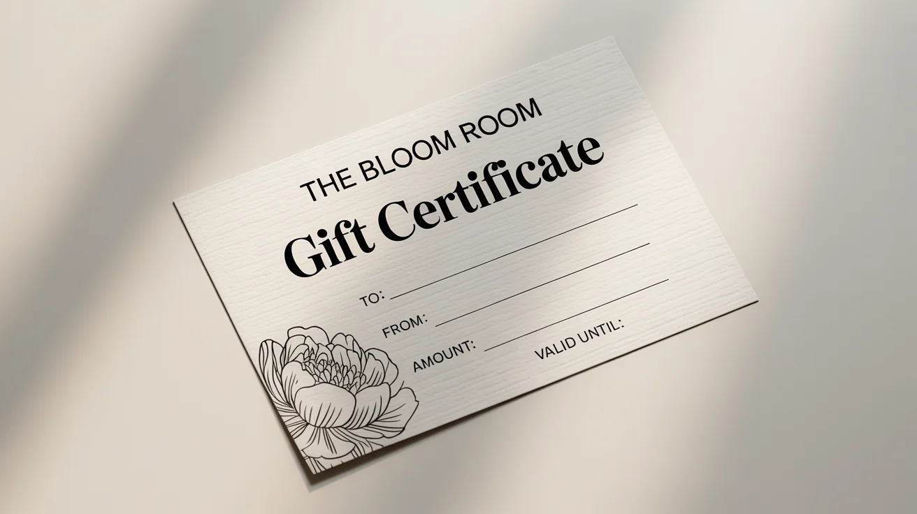 An elegant, custom gift certificate for a floral boutique named 'The Bloom Room', shown at an angle on a clean white background.