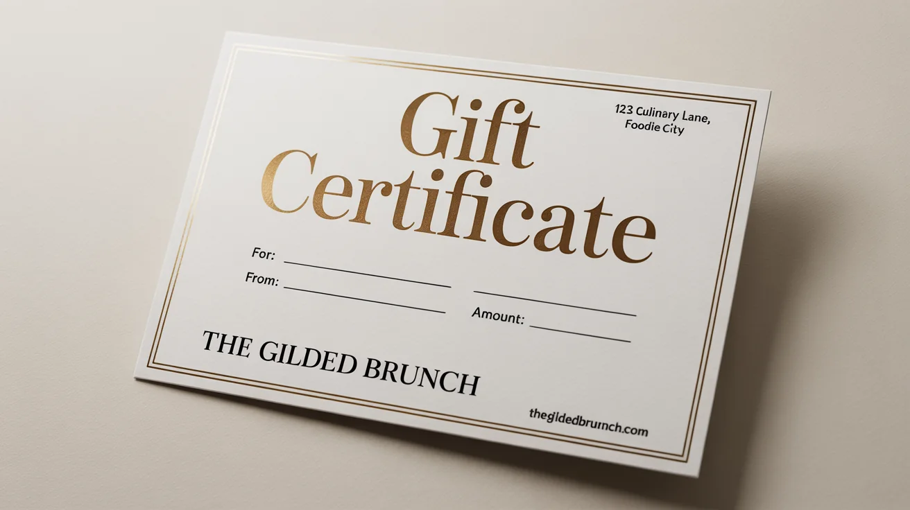A professionally designed, elegant gift certificate for a fictional brunch restaurant, showcased on a plain white background to highlight its customizable design.