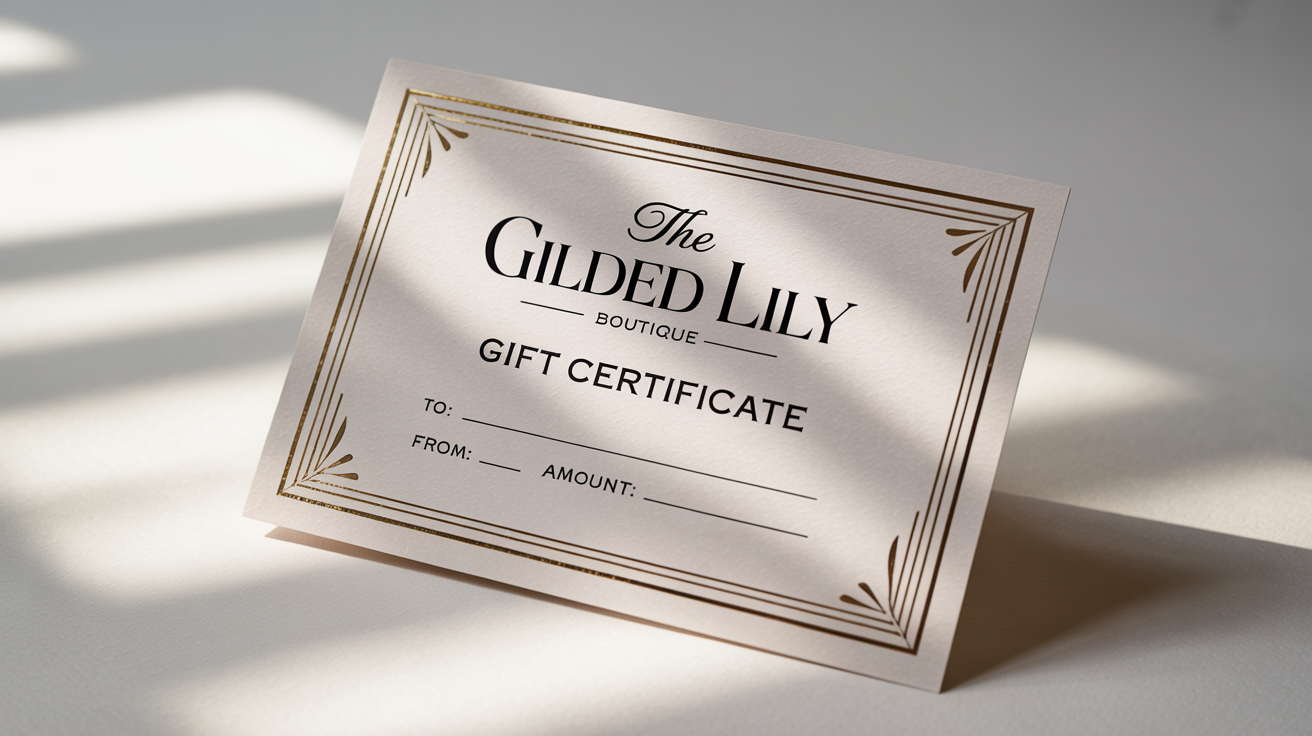 An elegant, custom gift certificate for 'The Gilded Lily' boutique, featuring a cream, charcoal, and gold design on a clean white background.