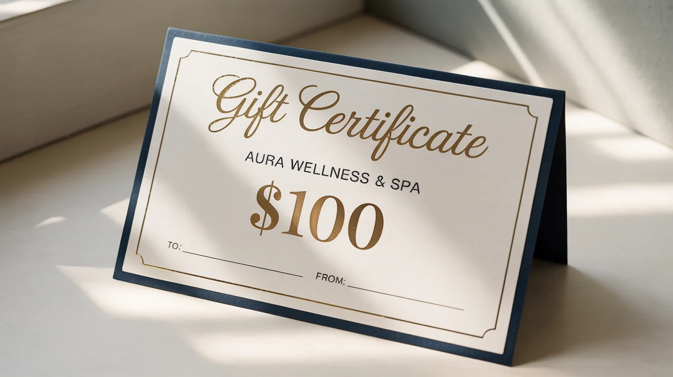 An elegant, custom gift certificate for 'Aura Wellness & Spa' with a value of $100, featuring a navy blue and gold foil design on a white background.