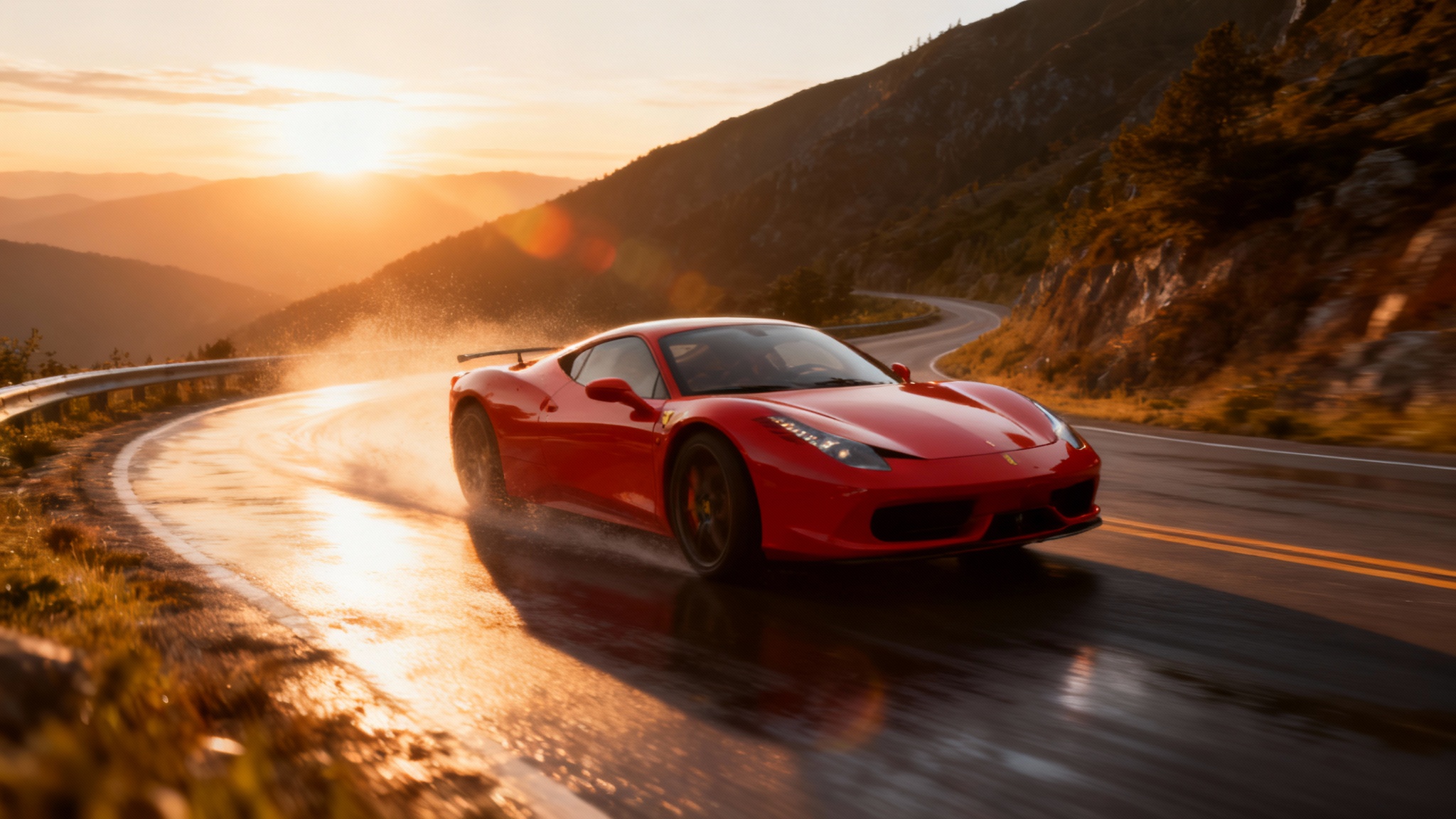 A cinematic, wide-screen action shot of a red sports car drifting on a wet mountain road at sunset, looking like a frame from a professionally edited video.