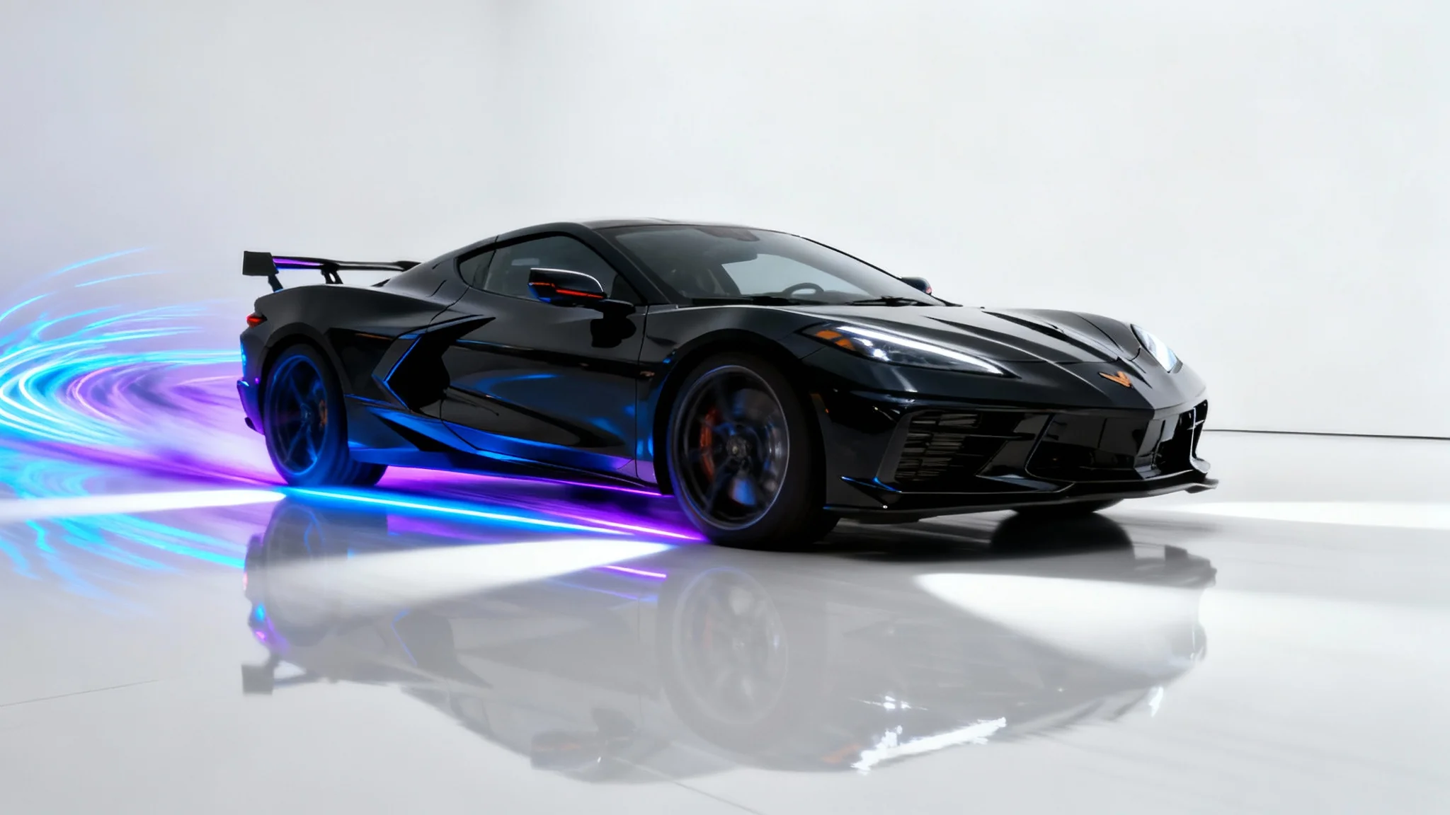 A dynamic shot of a modern black sports car drifting in a white studio, with neon light trails emphasizing its speed, representing a high-quality edited car video.