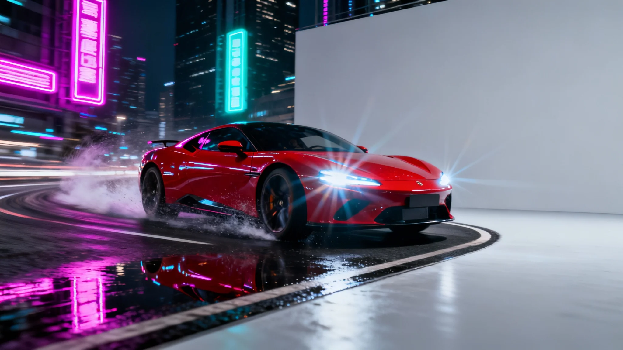 A sleek red sports car captured in a dynamic motion shot as it drifts on a wet city street at night, illuminated by colorful neon lights, representing a high-quality video edit.