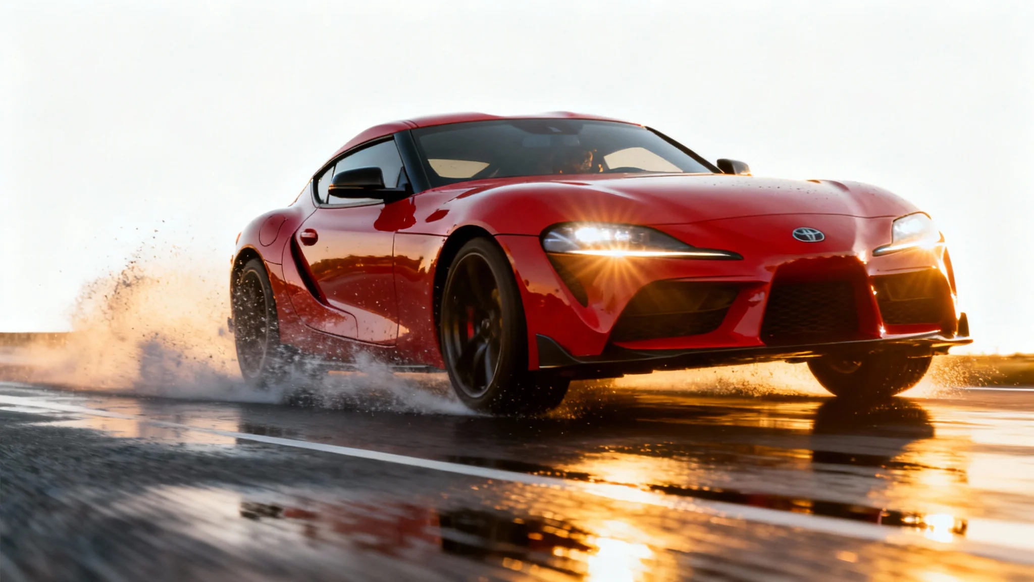 A photorealistic image of a red sports car drifting, isolated on a white background, symbolizing the creation of high-quality, cinematic car videos.