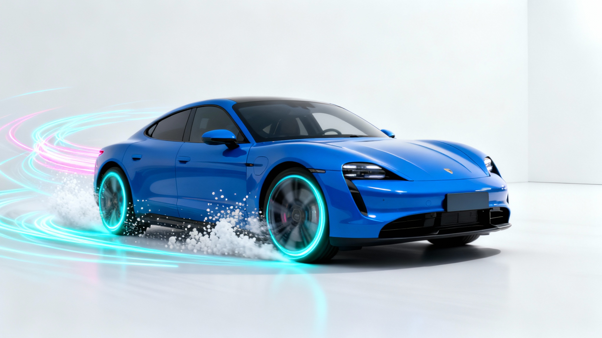 A dynamic shot of an electric blue sports car drifting on a white background, with glowing light trails swirling around it to symbolize the creative flair of car video editing.