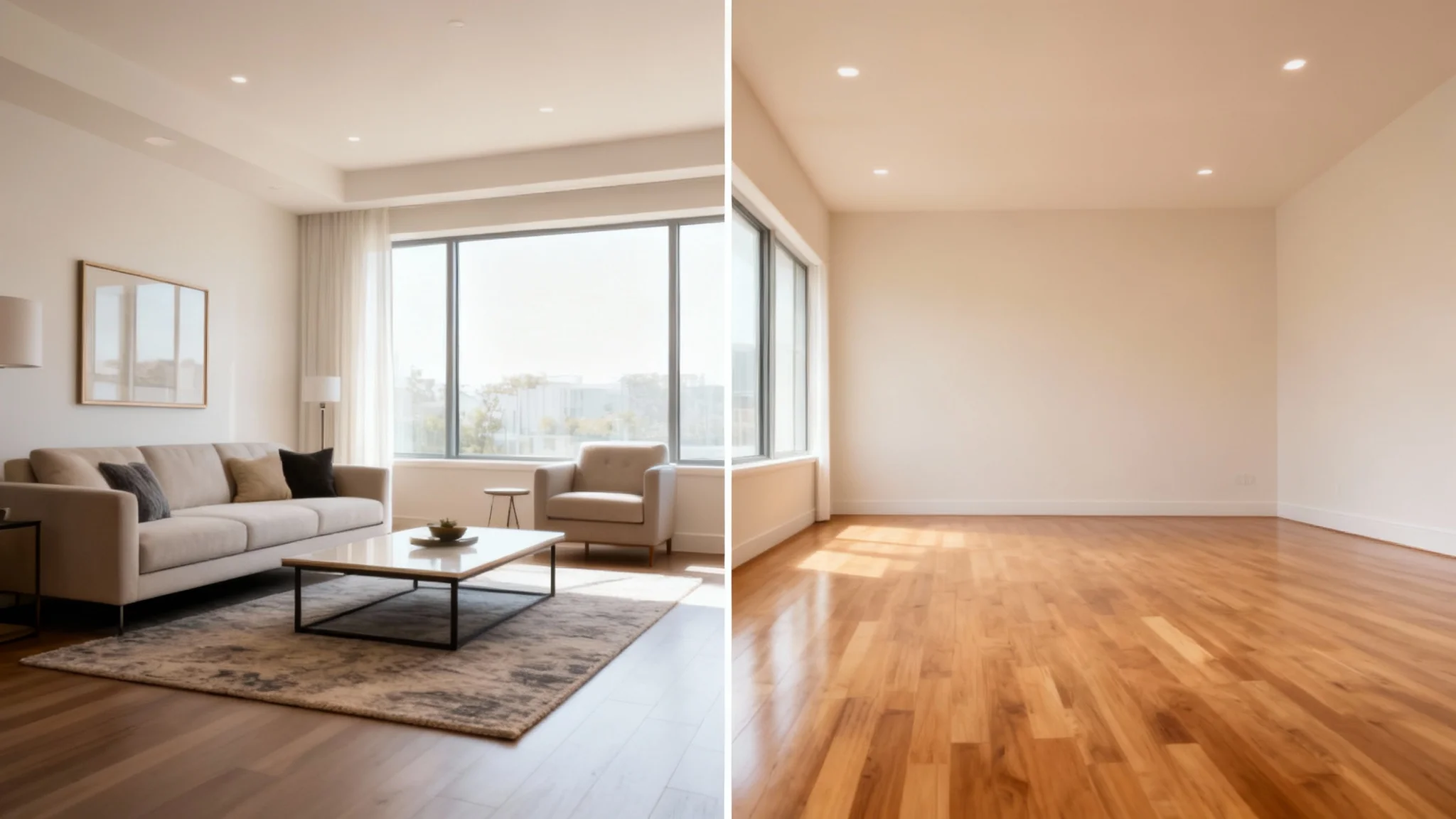 A side-by-side comparison image demonstrating a furniture removal tool. The left panel shows a furnished living room, and the right panel shows the same room completely empty.