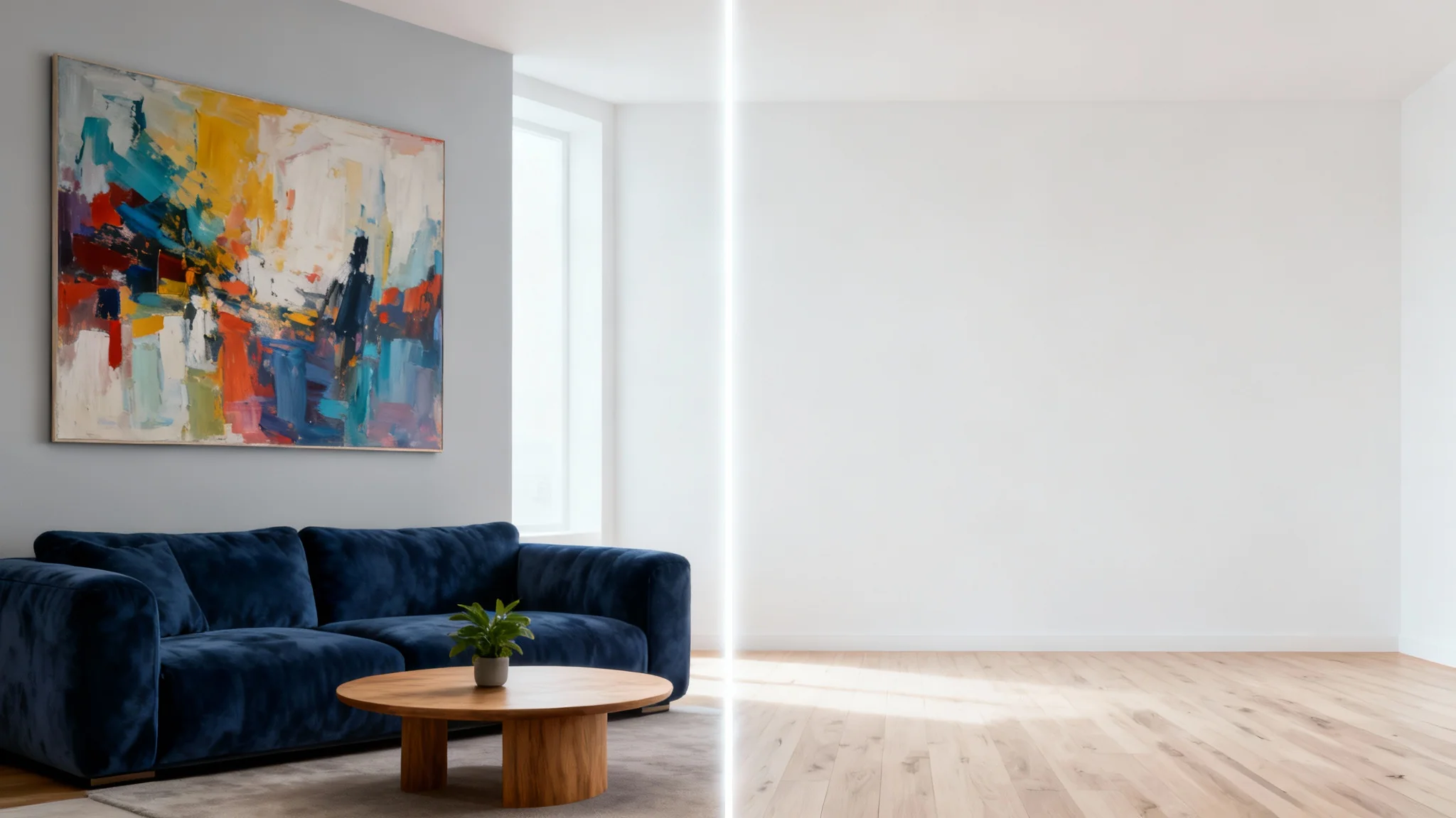 A split-screen 'before and after' image of a living room. The left side is furnished with a sofa and coffee table, while the right side shows the same room completely empty, demonstrating a furniture removal effect.