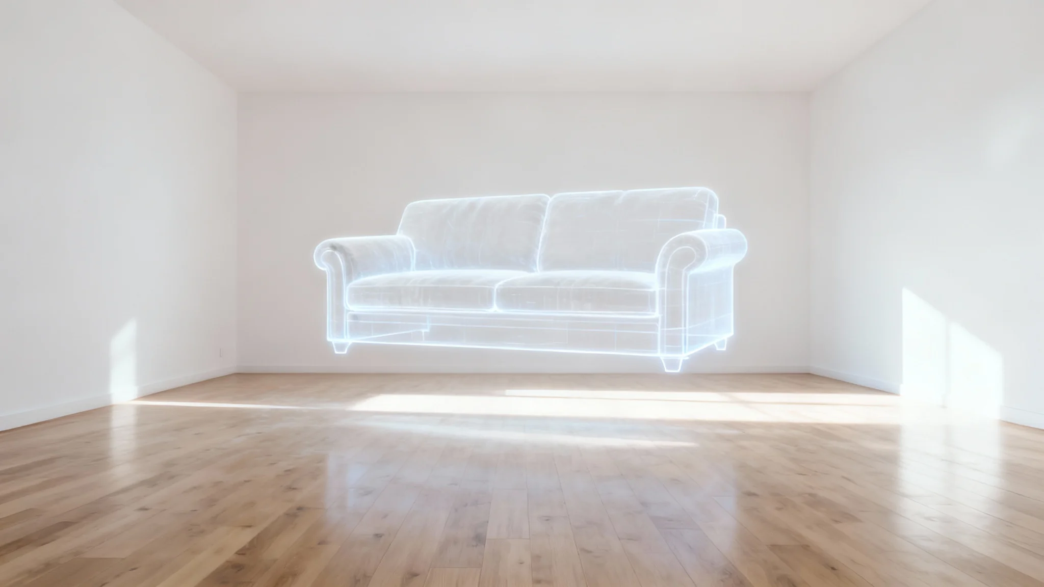 A bright and empty living room with the faint, glowing outline of a sofa, visually representing a furniture removal tool or service.