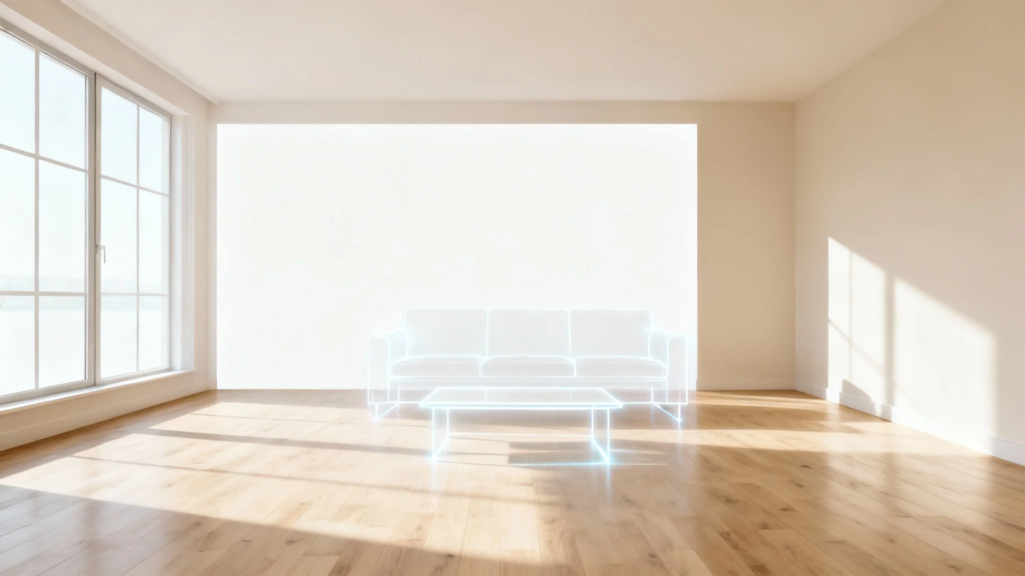 A modern, empty living room with the faint, glowing outlines of a sofa and coffee table, illustrating the effect of a furniture removal tool.