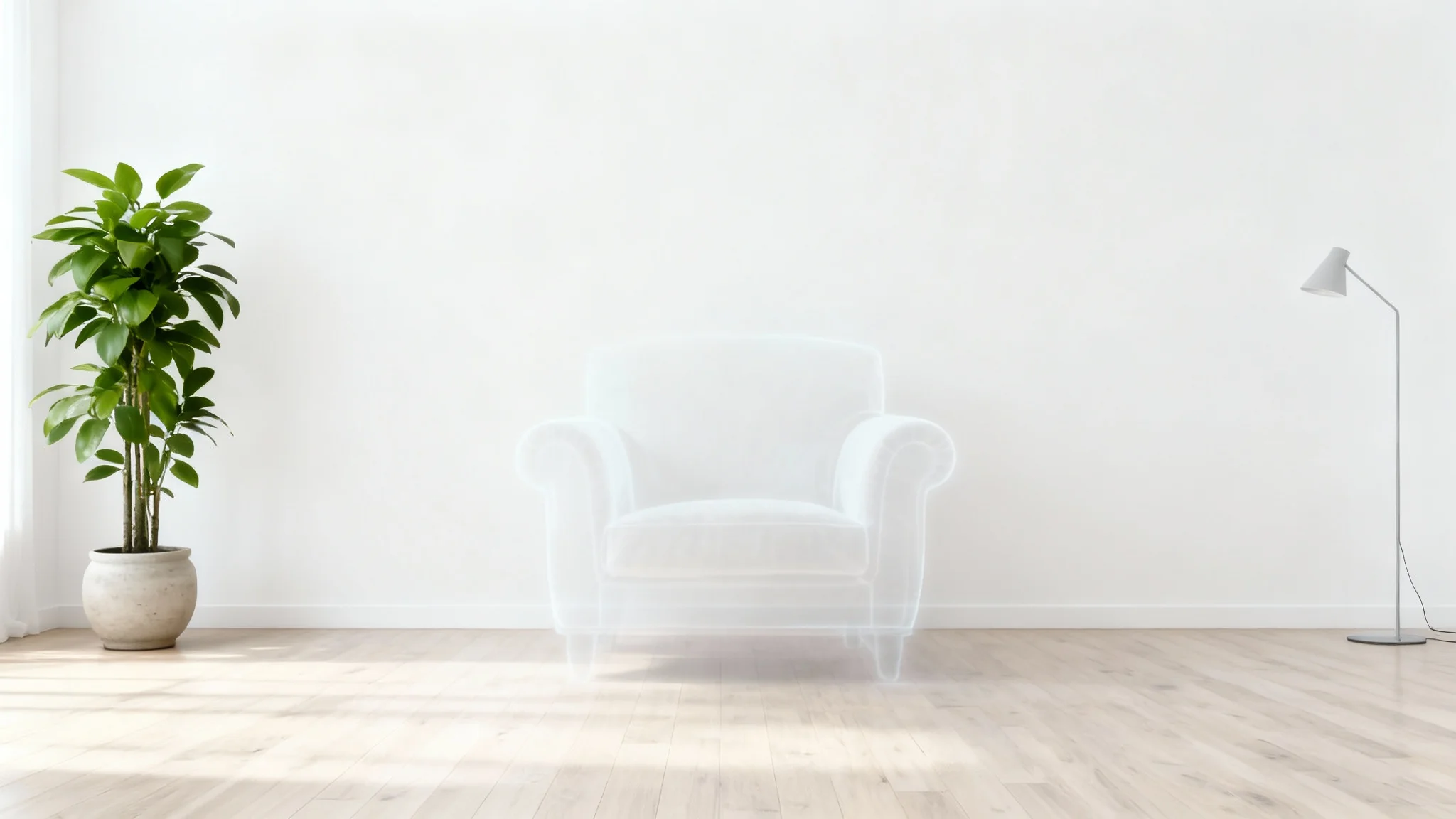 A photorealistic image of a living room where a bulky armchair has been removed, leaving only its transparent outline to show the clean, empty space it now occupies.