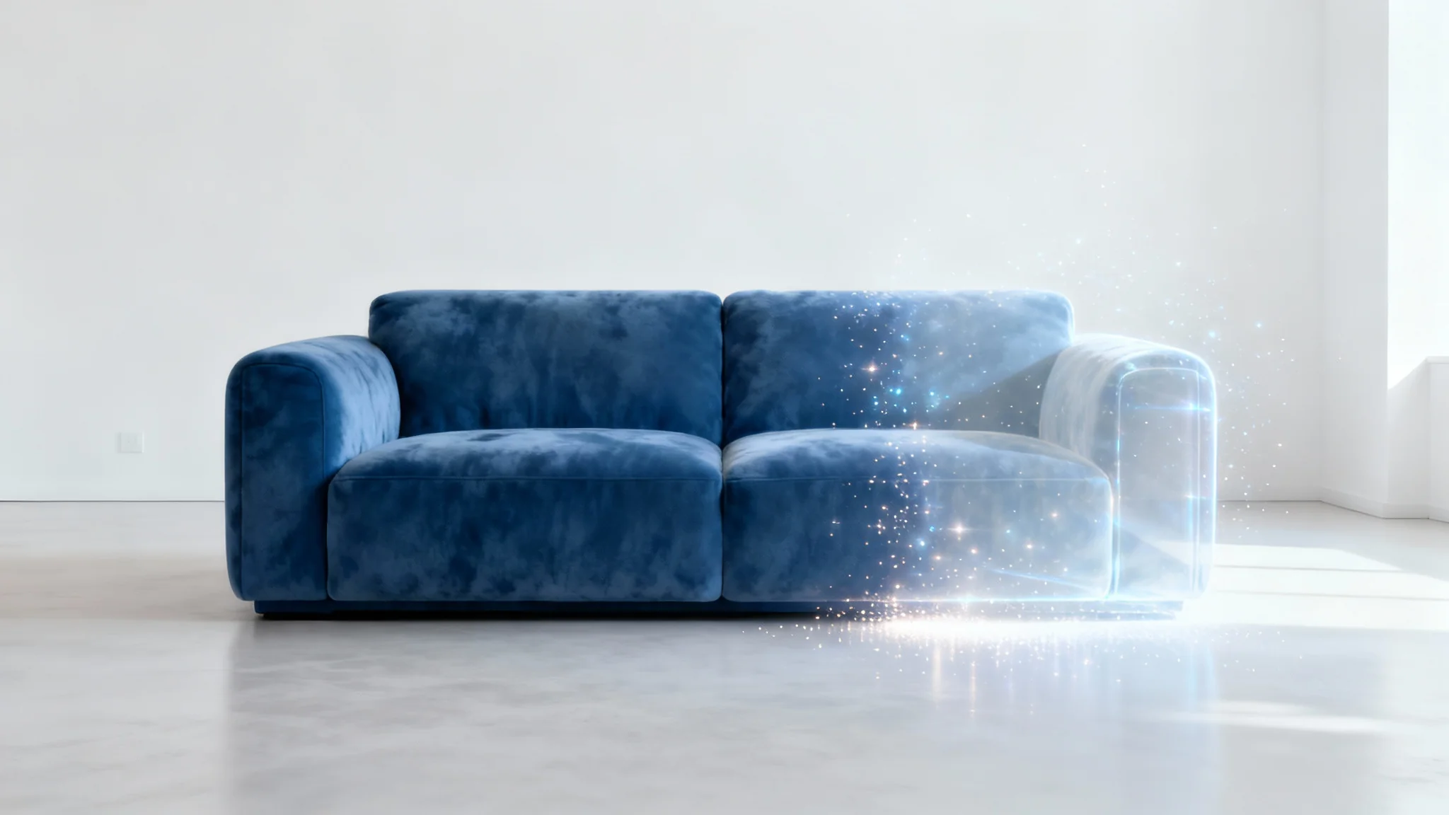 A modern living room where a blue sofa is being digitally removed, with half of the sofa visible and the other half fading away to show an empty space.