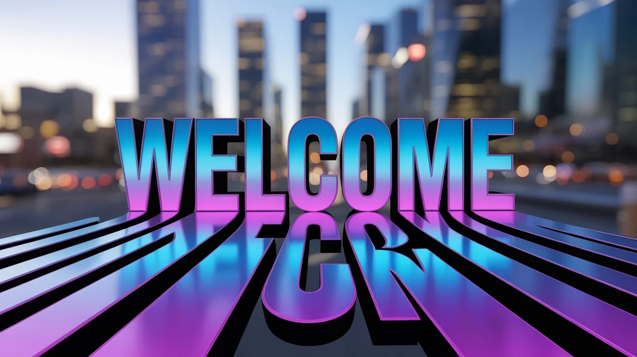 A dynamic hero image showing the phrase "WELCOME" with a 3D perspective warp effect, making it look like it's stretching into a blurred cityscape background at dusk.