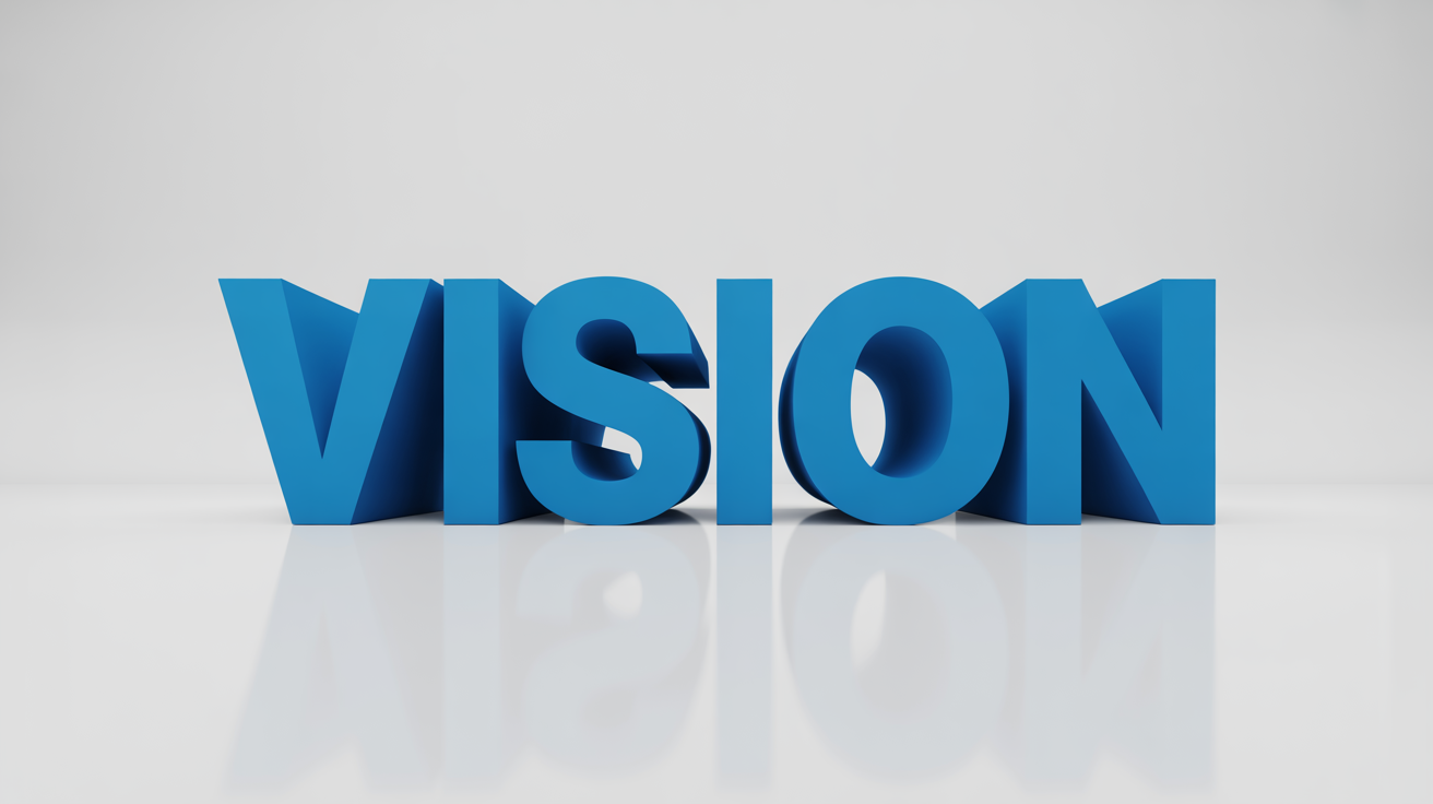 A graphic design mockup showing the word 'VISION' in bold blue letters, using a perspective warp effect to create a sense of depth on a white background.