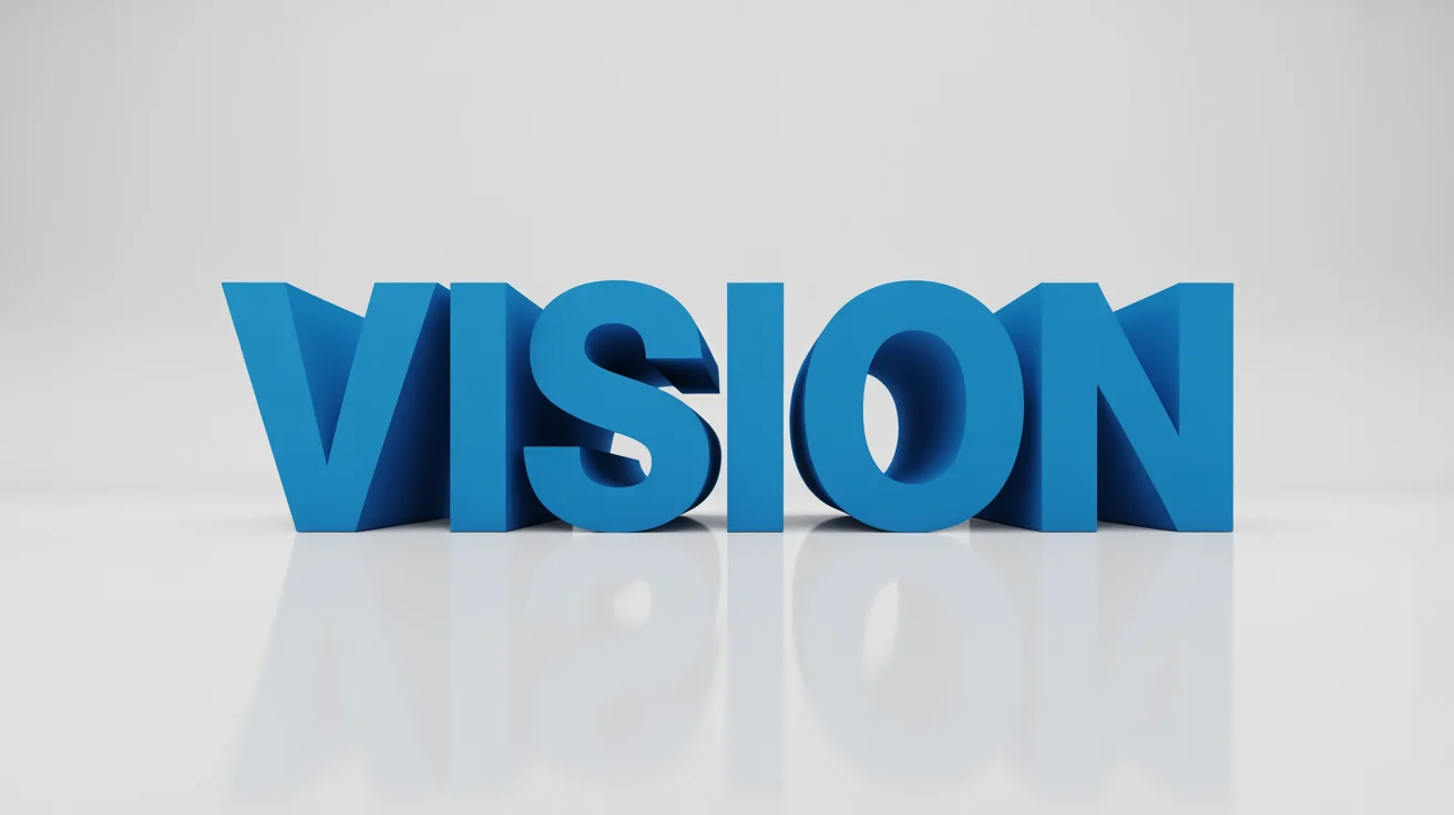 A graphic design mockup showing the word 'VISION' in bold blue letters, using a perspective warp effect to create a sense of depth on a white background.