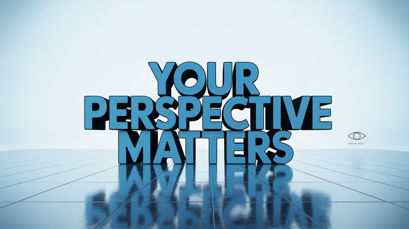 A 3D mockup of the words 'YOUR PERSPECTIVE MATTERS' in glossy blue, warped to show extreme perspective as they recede into the distance on a clean white background.