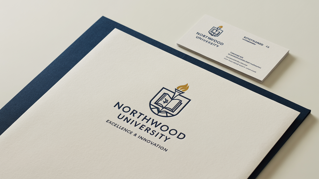 A professional branding mockup for 'Northwood University', showcasing its logo on a letterhead and business card in a navy blue and gold color scheme, arranged on a clean white background.