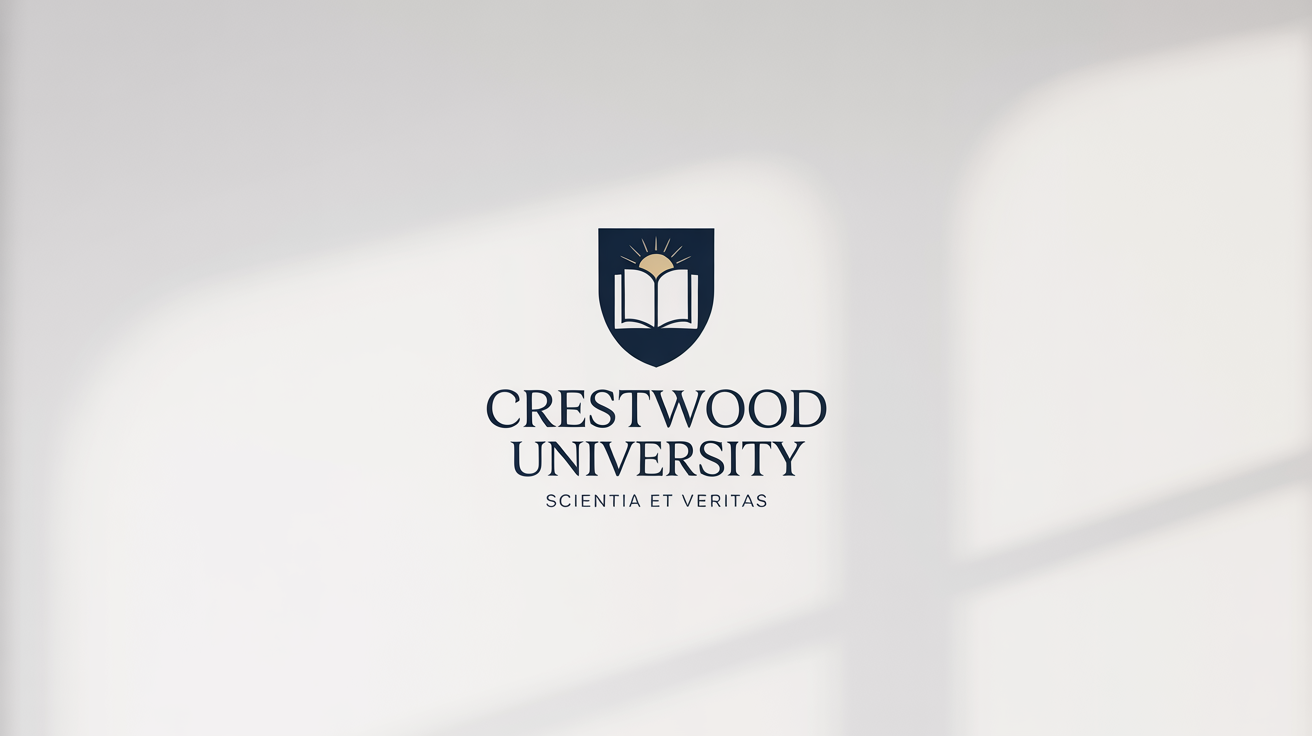 A professional mockup of the Crestwood University logo, featuring a navy blue and gold shield with an open book and rising sun, displayed on a clean white background.