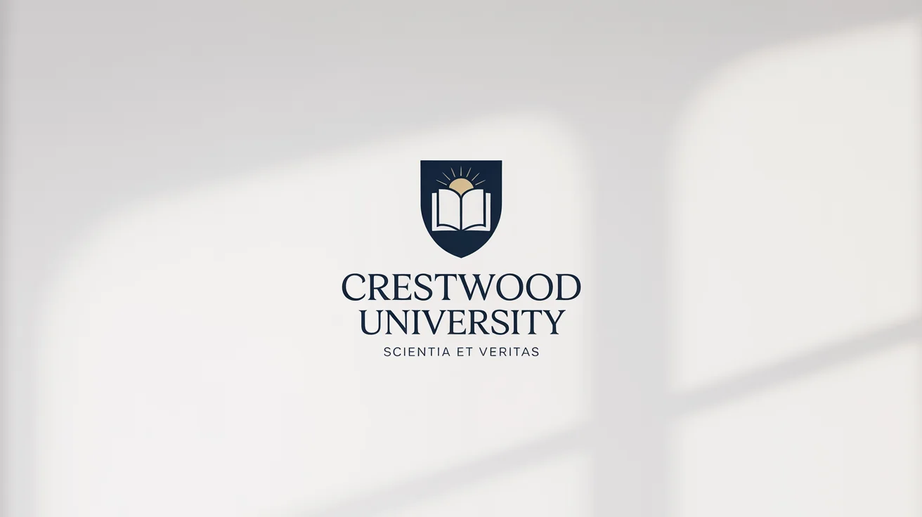 A professional mockup of the Crestwood University logo, featuring a navy blue and gold shield with an open book and rising sun, displayed on a clean white background.