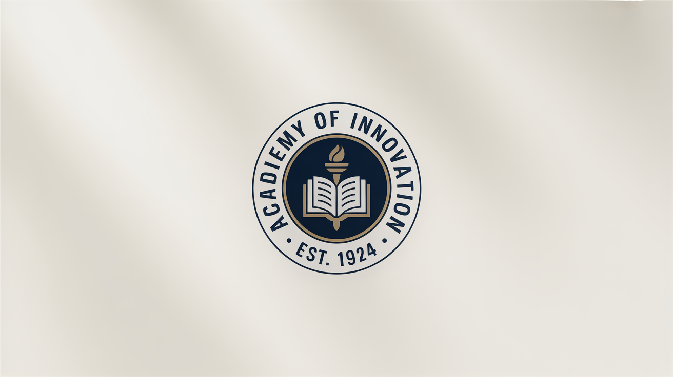 A mockup of a university logo for the 'Academy of Innovation', featuring a navy blue and gold circular emblem with a torch and book icon, presented on a white background.