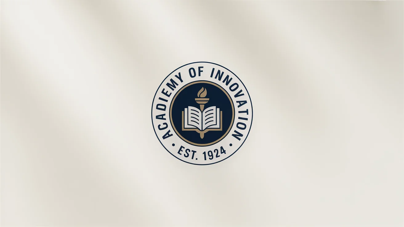 A mockup of a university logo for the 'Academy of Innovation', featuring a navy blue and gold circular emblem with a torch and book icon, presented on a white background.